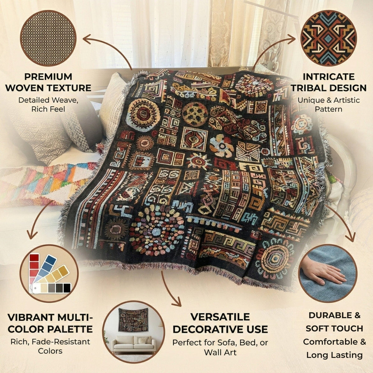 DaDa Bedding Elegant Tapestry Throw Blanket, Ethnic Ornaments Geometric Black - 50” x 60” (7174)