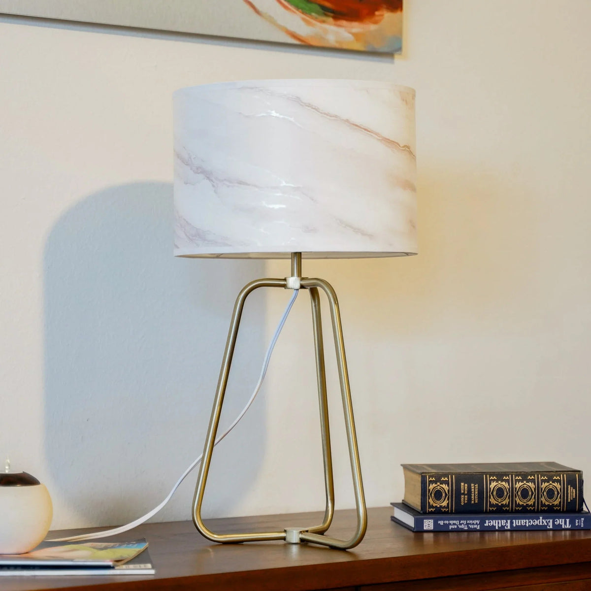 Table Lamp – Marble-Pattern Cylinder Shade & Bronze Metal Base | Mid-Century Modern Bedside & Desk Lamp