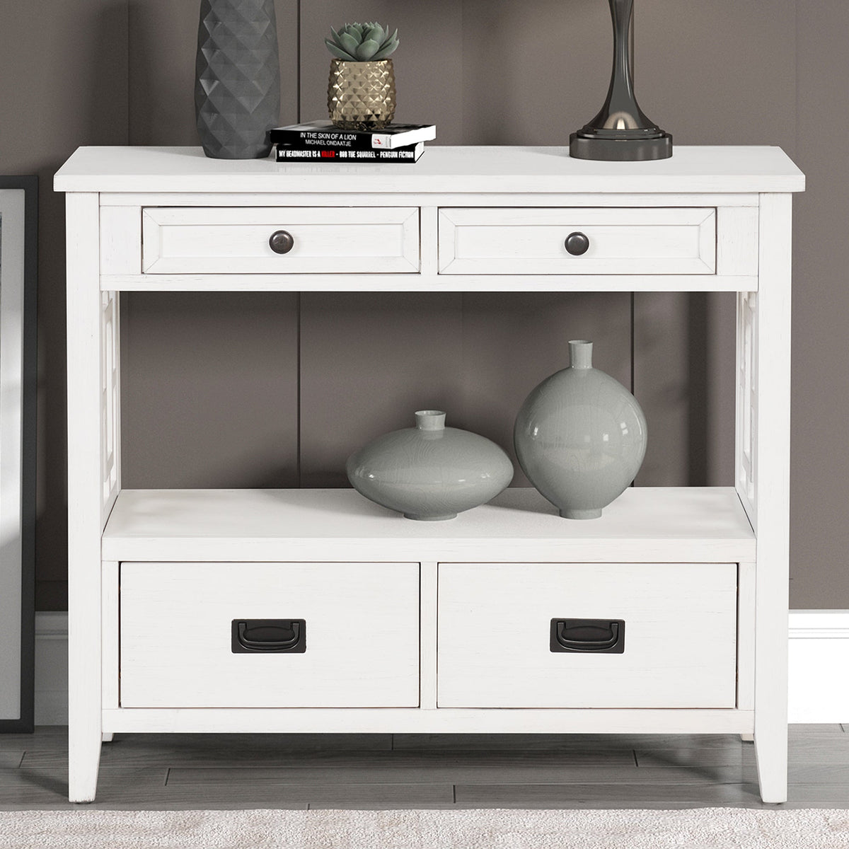 36'' Farmhouse Pine Wood Console Table Entry Sofa Table with 4 Drawers & 1 Storage Shelf (Antique White)