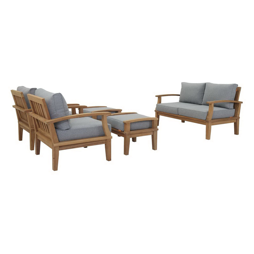Marina 5 Piece Outdoor Patio Teak Set by Modway - Natural Gray / Natural Navy / Natural White (EEI-1472)