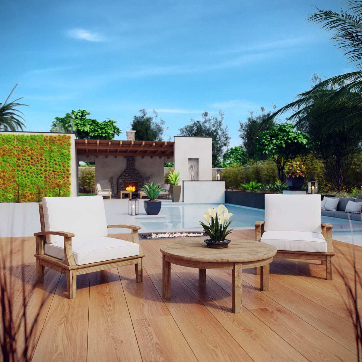 Marina 3 Piece Outdoor Patio Teak Set by Modway - Natural Gray / Natural Navy / Natural White (EEI-1475)
