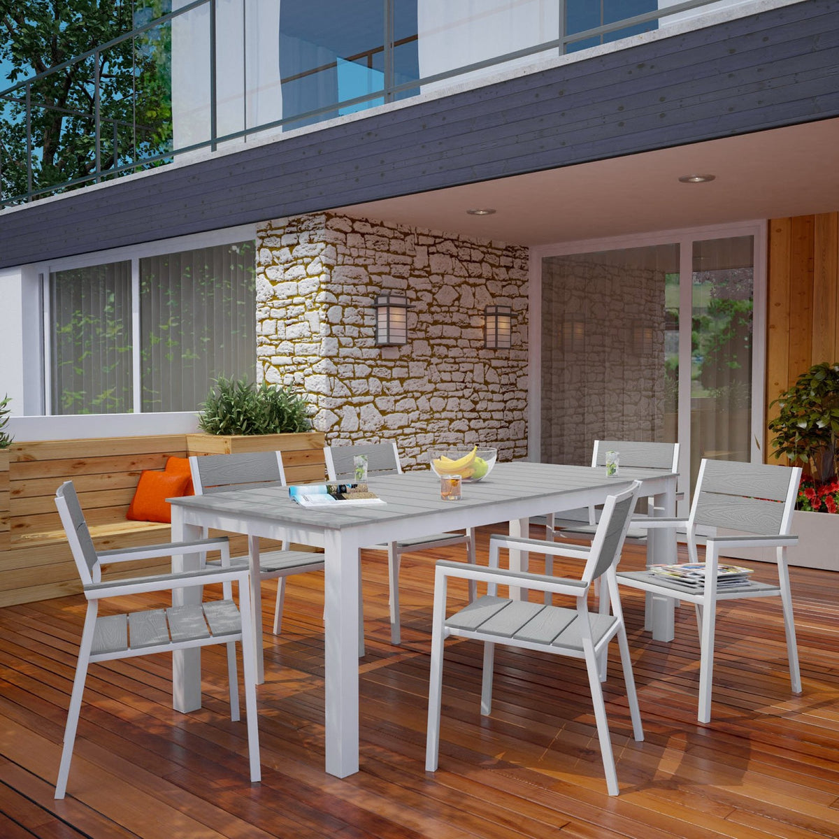 Maine 7 Piece Outdoor Patio Dining Set by Modway - White Light Gray