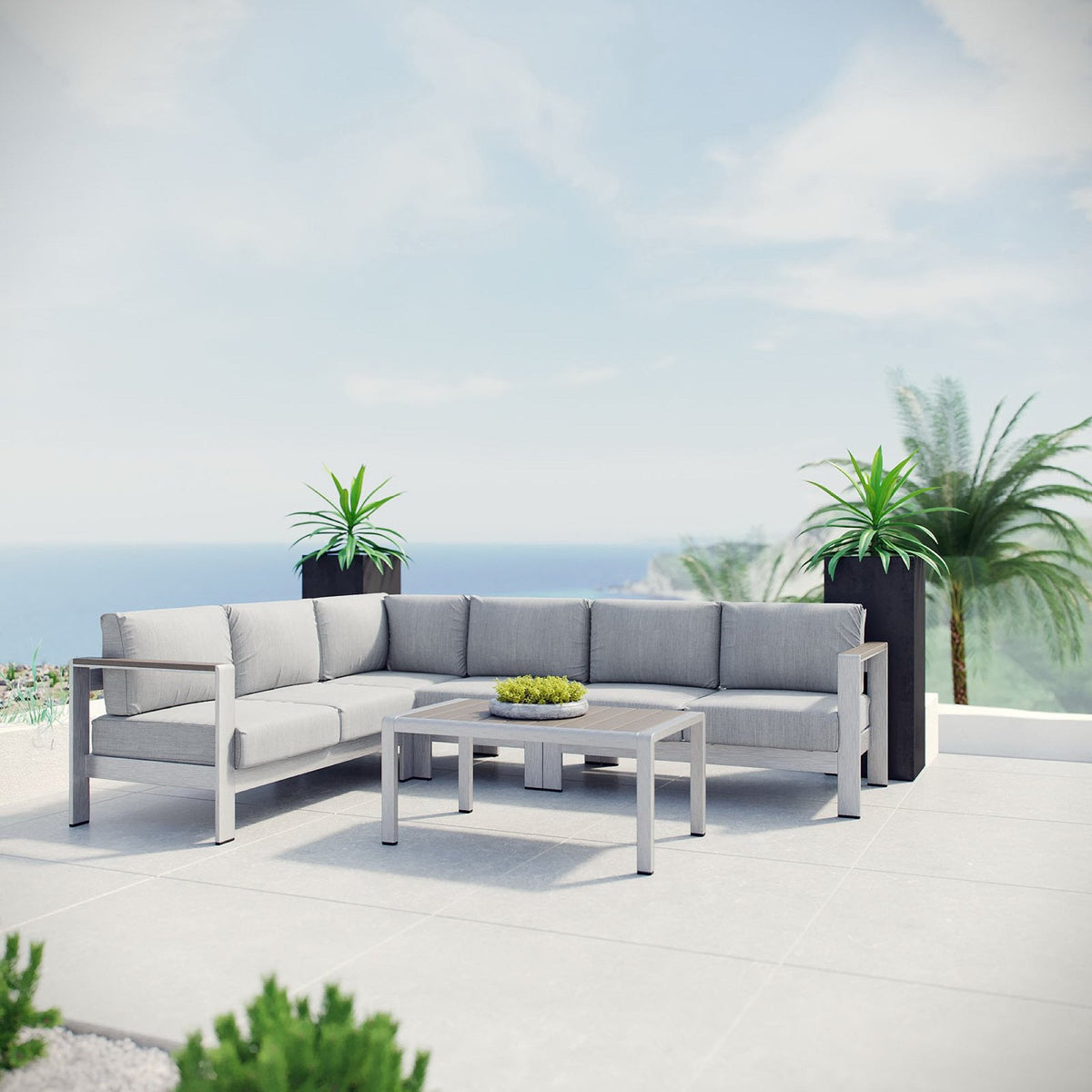 Shore 5 Piece Outdoor Patio Aluminum Sectional Sofa Set by Modway - Silver Gray / Silver Navy (EEI-2557)