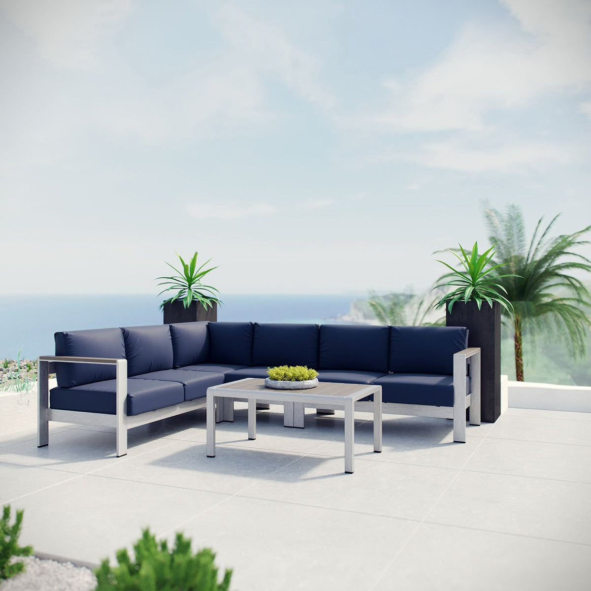 Shore 5 Piece Outdoor Patio Aluminum Sectional Sofa Set by Modway - Silver Gray / Silver Navy (EEI-2557)