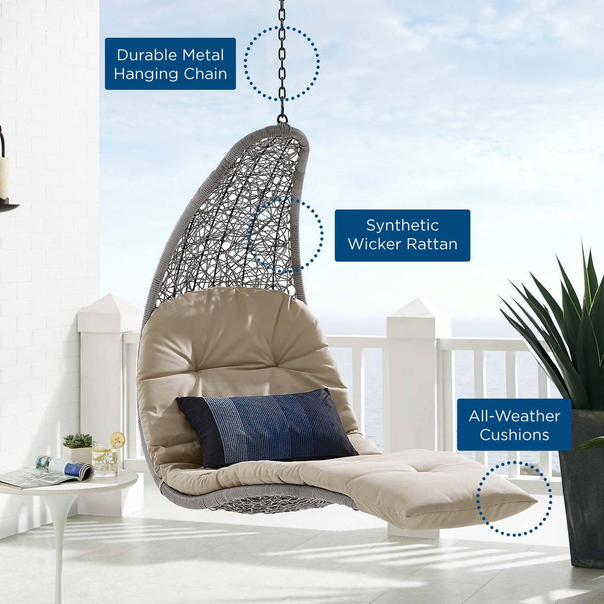 Landscape Hanging Chaise Lounge Outdoor Patio Swing Chair by Modway - Light Gray Beige / Light Gray Gray (EEI-4589)