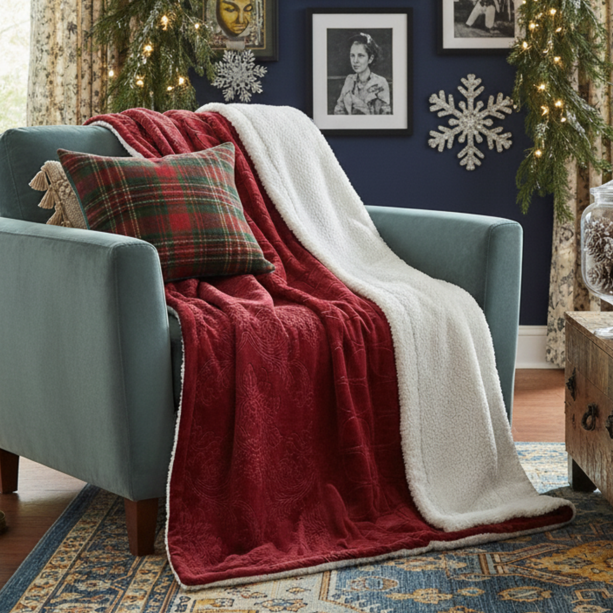 Tache Solid Embossed Merlot Red Reversible Sherpa Throw Blanket (62087)