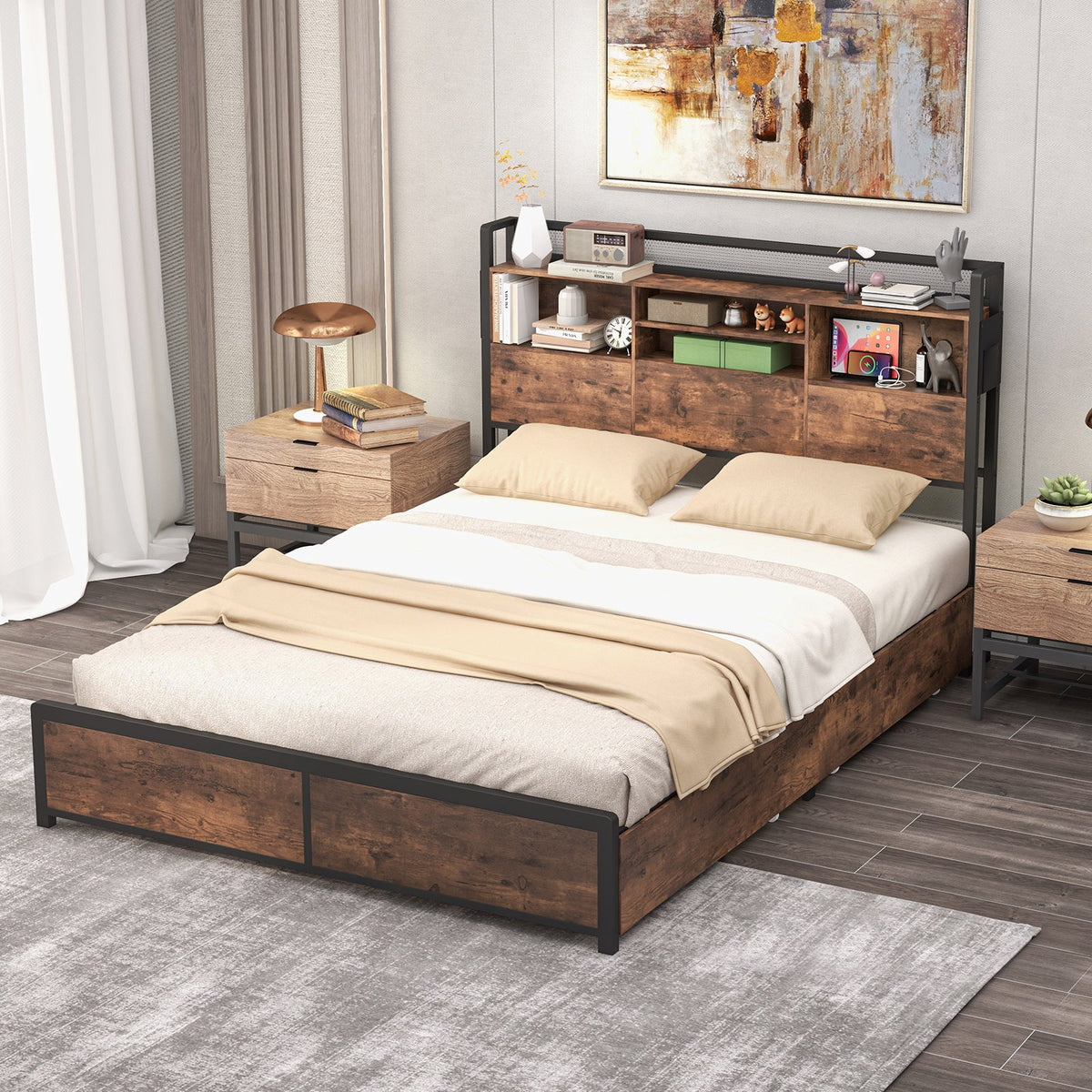 Full/Queen Size Bed Frame with Bookcase Headboard and 4 Storage Drawers