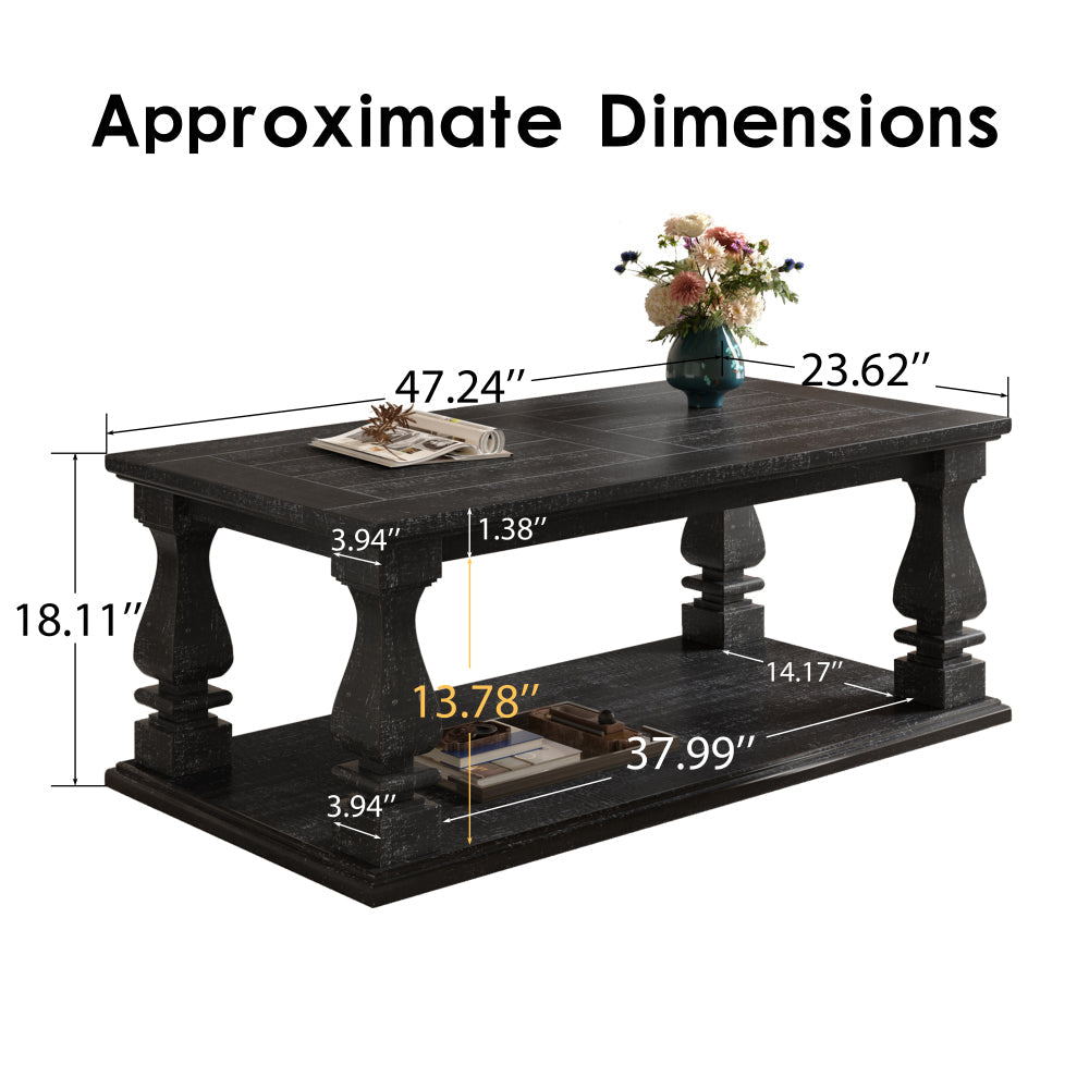 Farmhouse Coffee Table with Storage Shelf 47" Rustic Solid Wood Planked Top & Square Baluster Legs