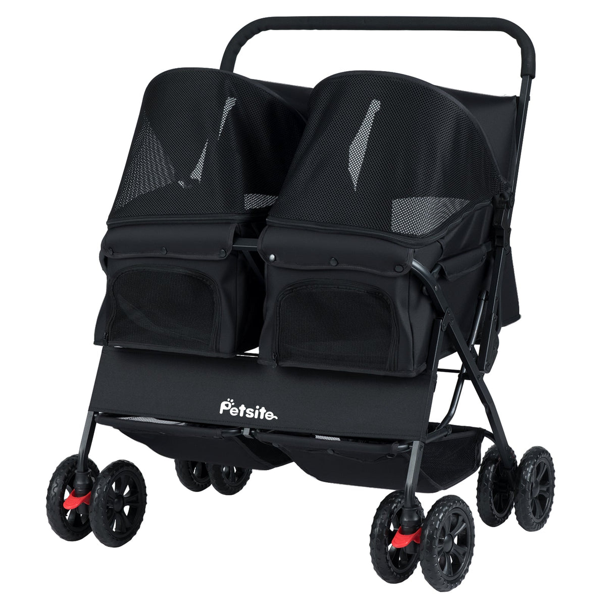 Foldable Double Pet Stroller with Adjustable Sunshade and Storage Basket