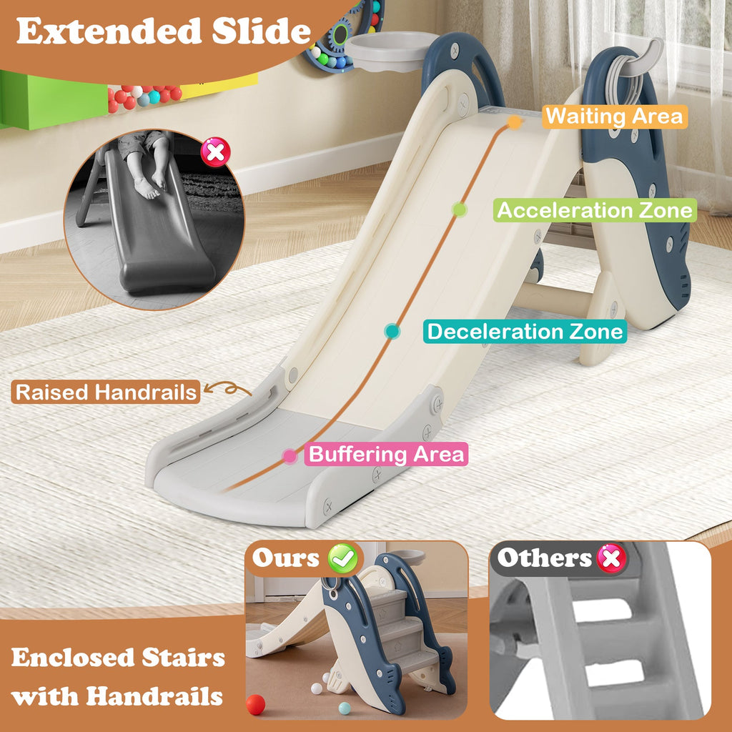 Foldable Freestanding Baby Slide Climber Playset with Basketball Hoop for Kids-Blue
