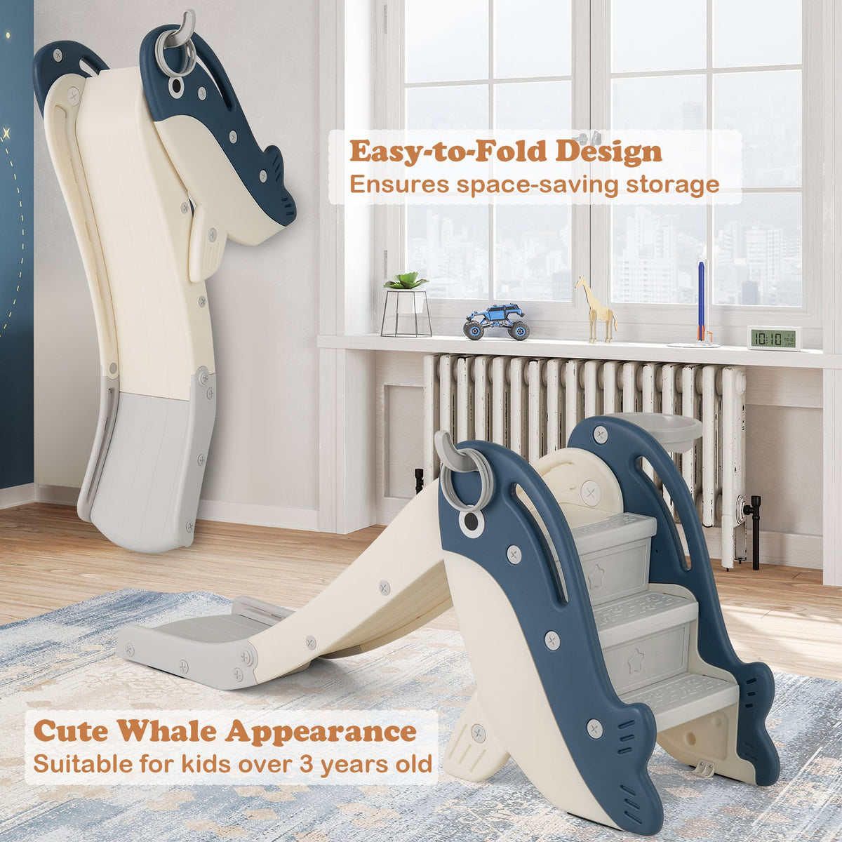 Foldable Freestanding Baby Slide Climber Playset with Basketball Hoop for Kids-Blue