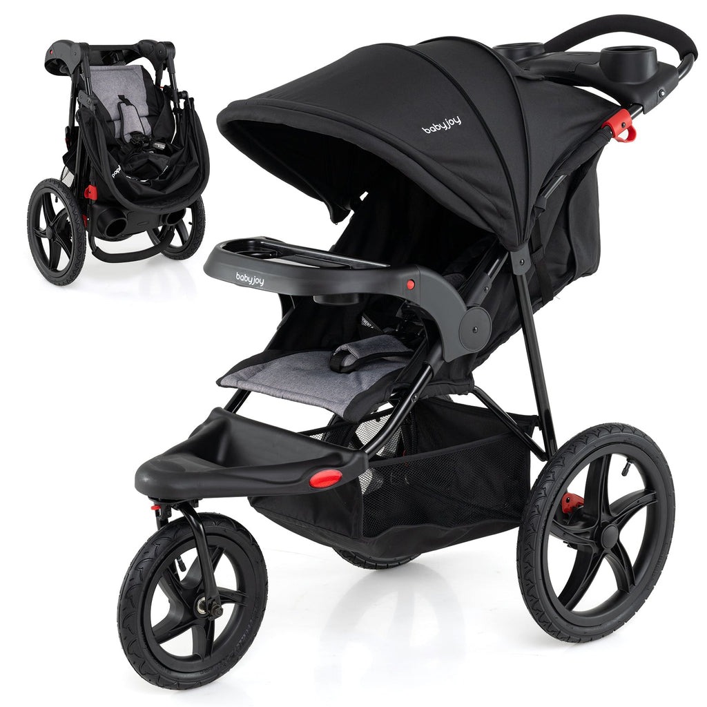 Foldable Jogging Stroller with Detachable Tray and Air-Filled Rubber Tires