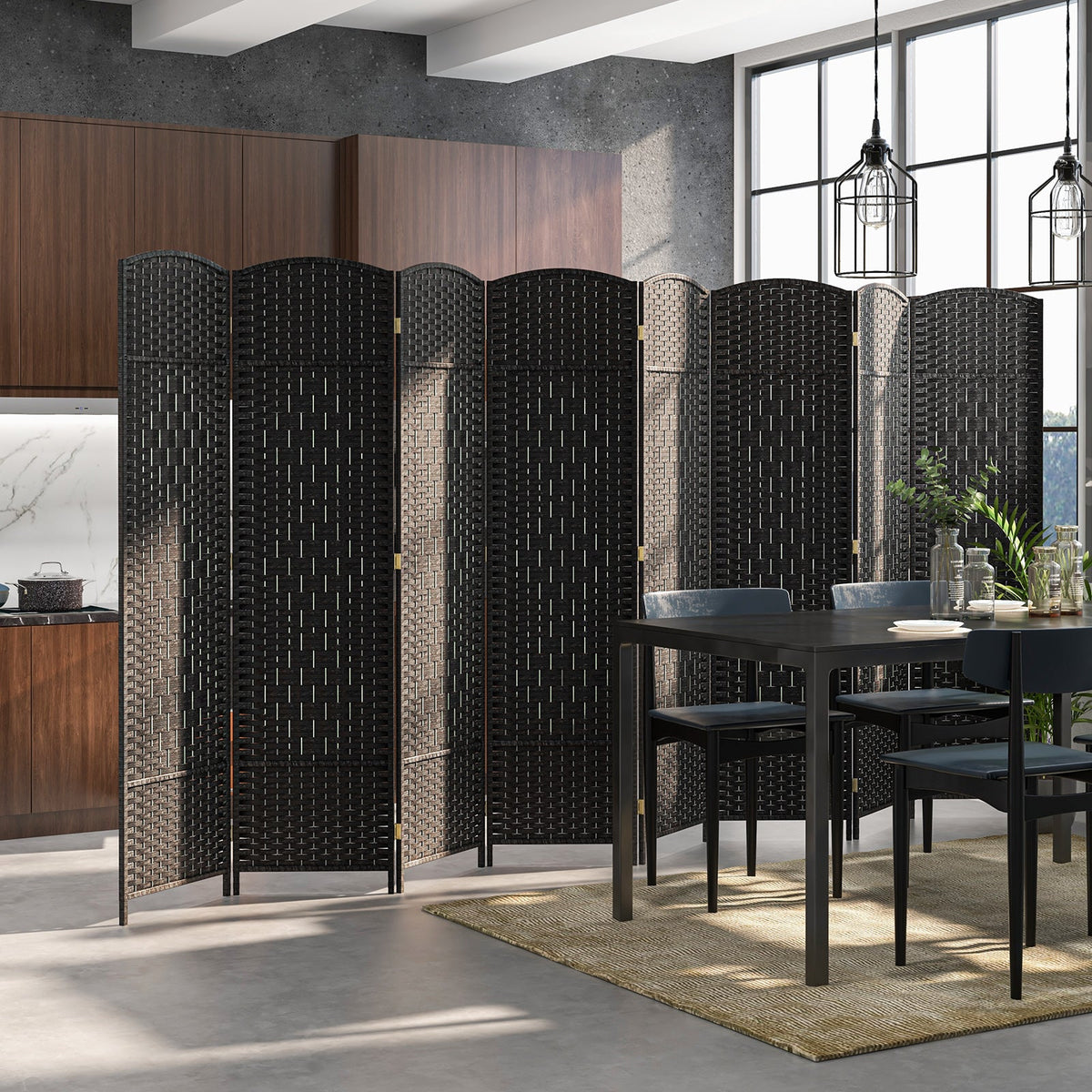 8-Panel Folding Room Divider with Hand-Woven Texture and Solid Wood Frame