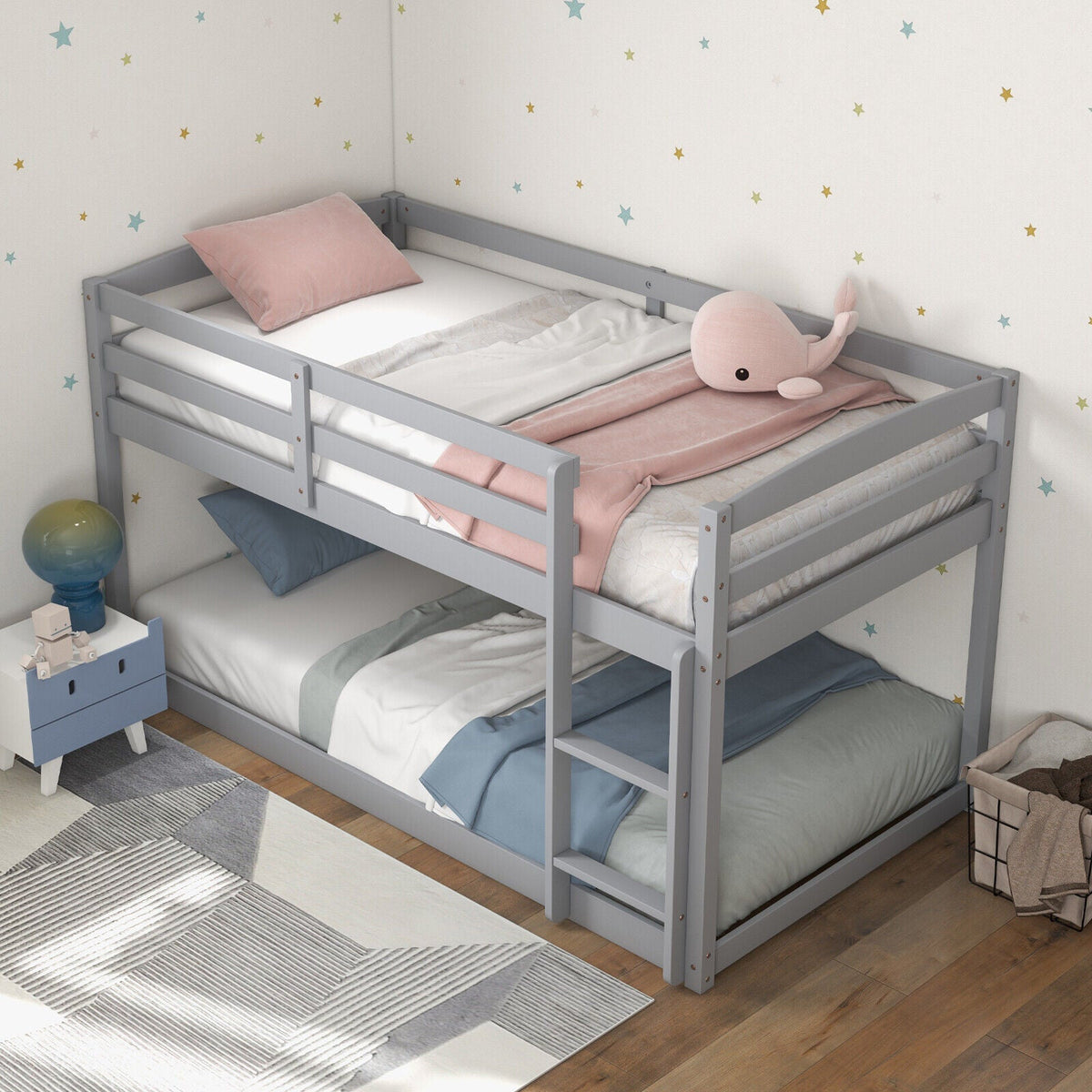 Twin Size Bunk Bed with High Guardrails and Integrated Ladder