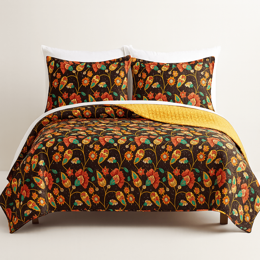 DaDa Bedding Marigold’s Floral Brown Yellow Botanical Garden Quilted Bedspread Set (HS-3330)