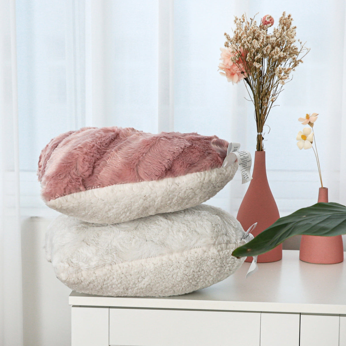 Tache Faux Fur Pink White Heart Shape Throw Pillow (#7)