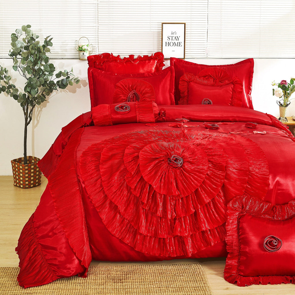 Tache Satin Ruffle Victorian Glam Romantic Red Rose Comforter Set (HY4174)