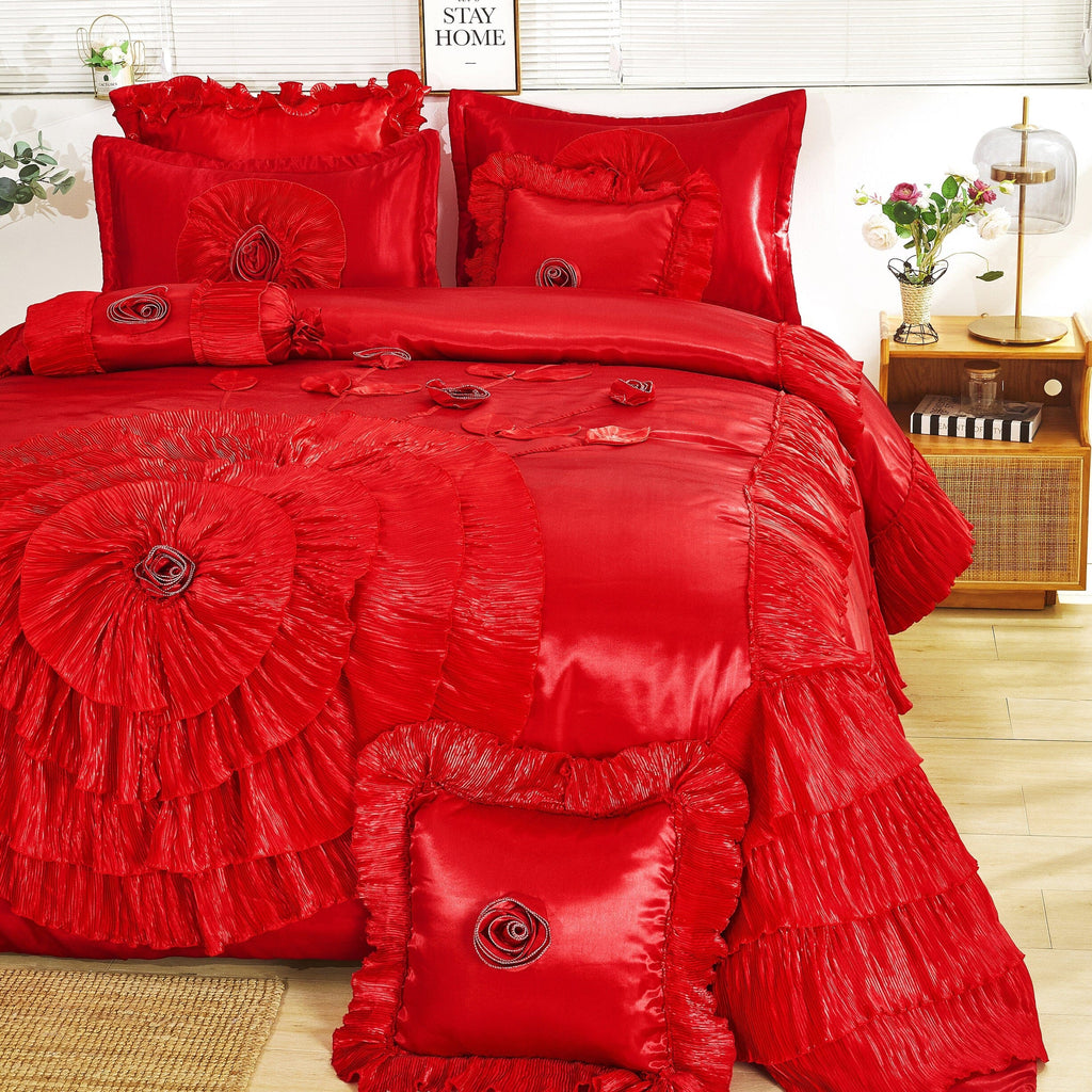 Tache Satin Ruffle Victorian Glam Romantic Red Rose Comforter Set (HY4174)