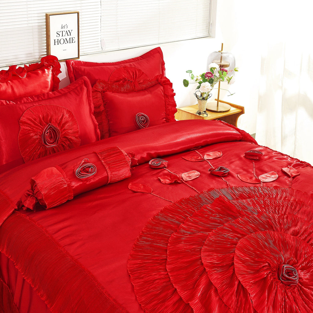 Tache Satin Ruffle Victorian Glam Romantic Red Rose Comforter Set (HY4174)