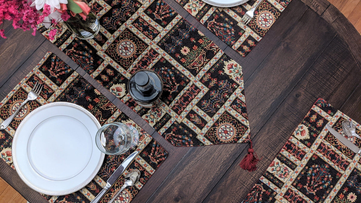 DaDalogy Bedding Elegant Woven Mughal Floral Tapestry Table Runner, Dark Noir Botanical Vintage Fleur (18197)