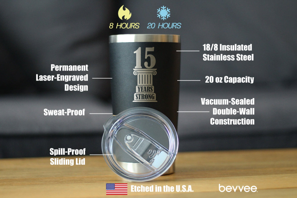 15th Anniversary Party Decor Insulated Coffee Tumbler with Sliding Lid 15 Years Strong 20oz Stainless Steel Tumbler
