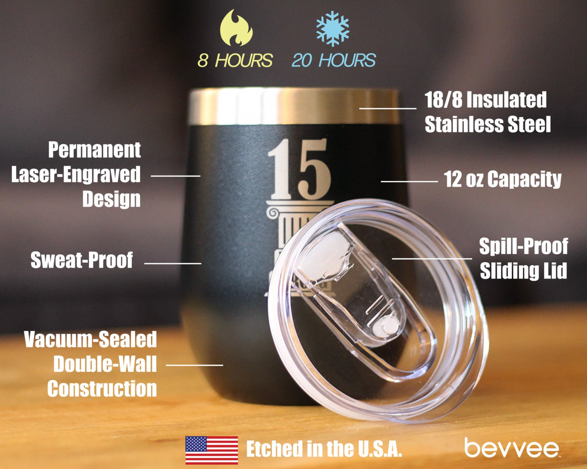 15th Anniversary Party Decor Insulated Wine Tumbler with Sliding Lid 15 Years Strong 12oz Stainless Steel Tumbler