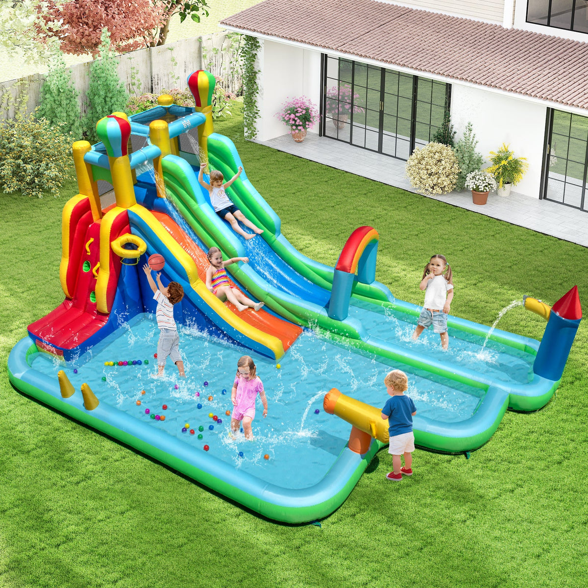 Inflatable Water Slide Park Giant Bounce House with 750W Blower