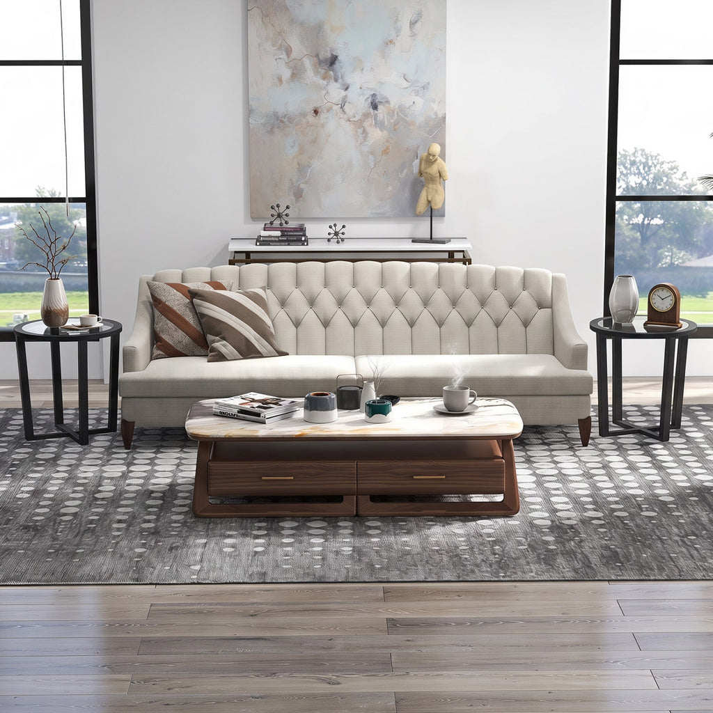 Modern Round End Table Sofa Side Table with Transparent Tempered Glass Top-Brown