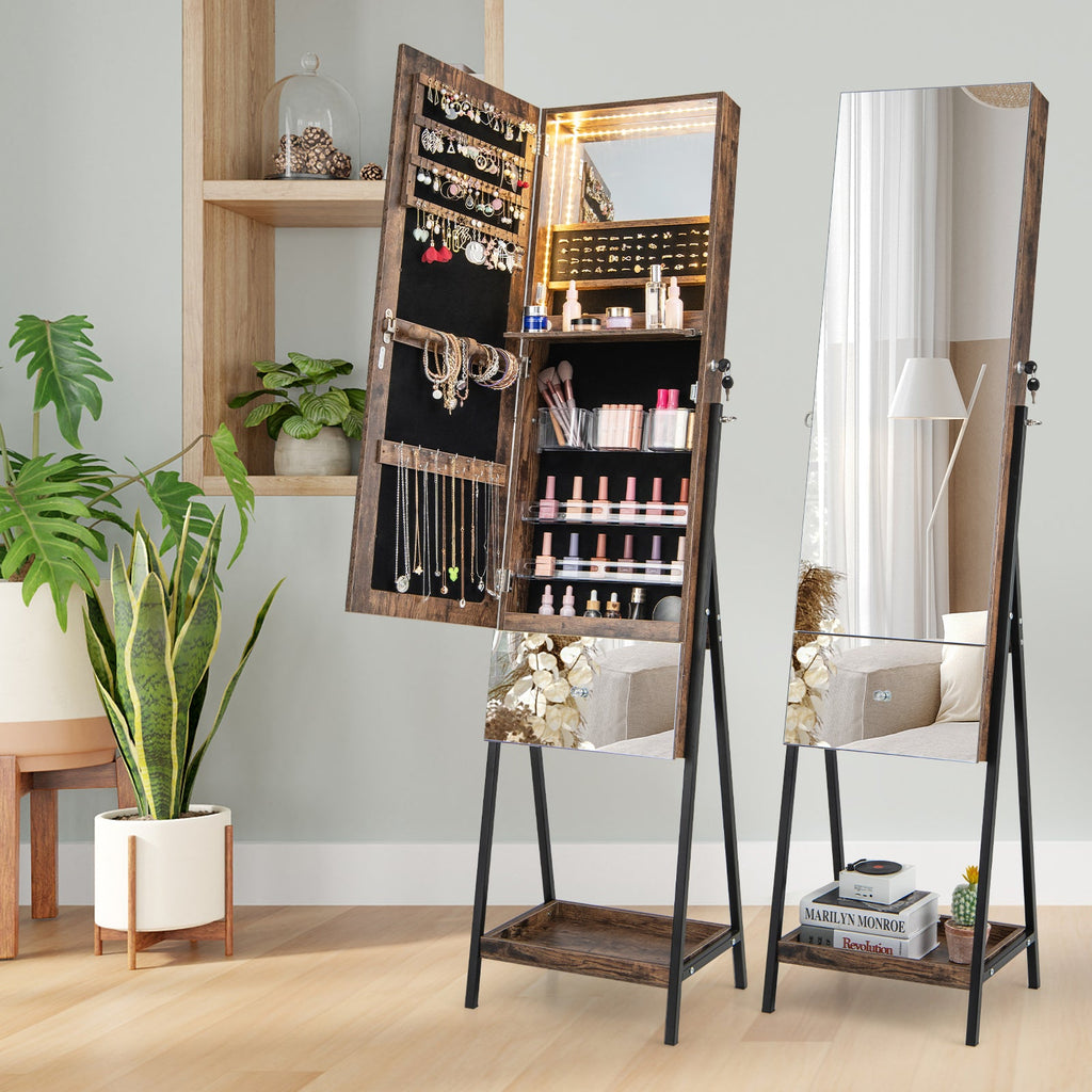 Lockable Freestanding Jewelry Organizer with Full-Length Frameless Mirror
