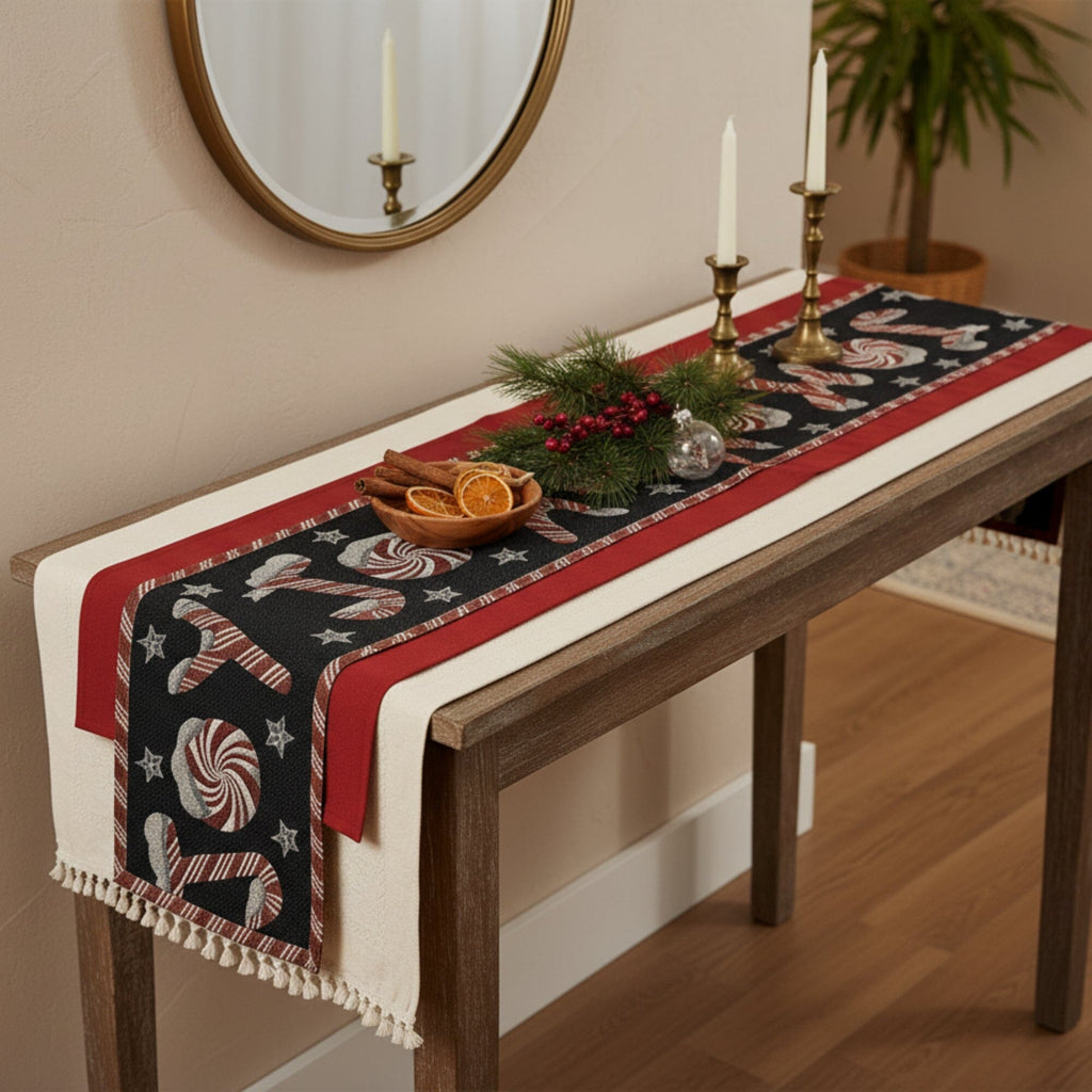 DaDa Bedding Peppermint Joy Red Black Holiday Tapestry Dining Table Runner (12904)