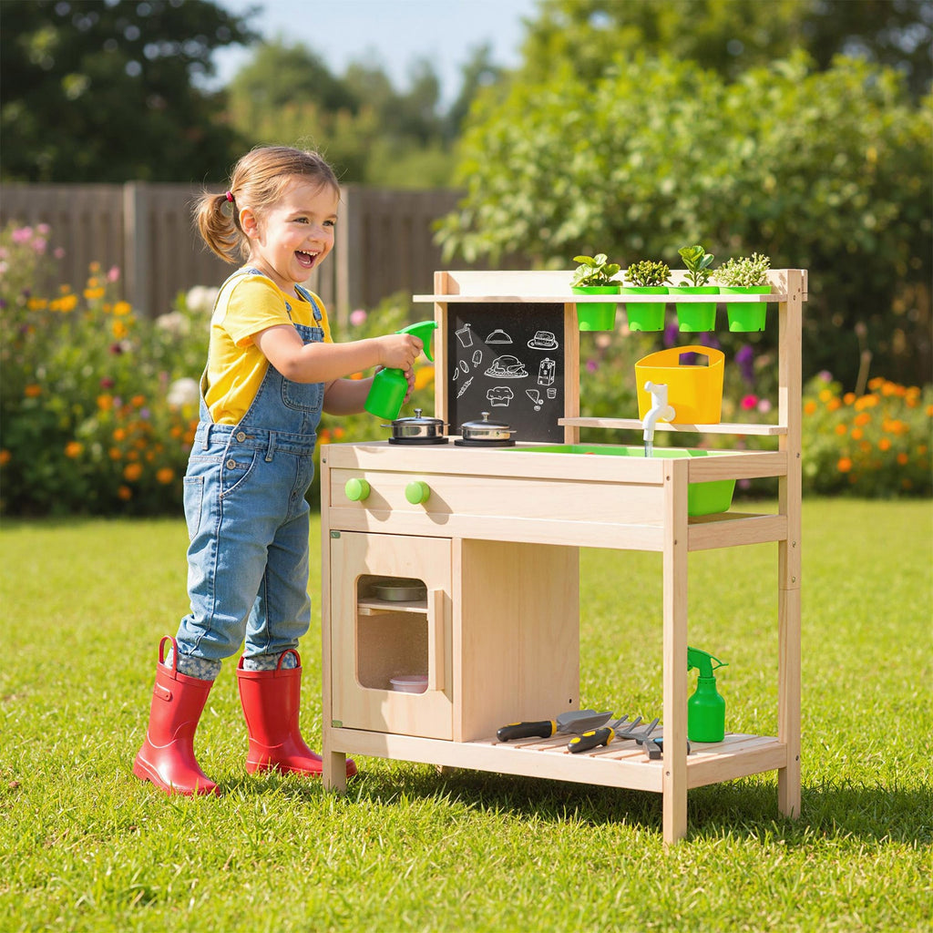 Kids Mud Kitchen Play Pretend Kitchen with Chalkboard for Kids Aged 3+