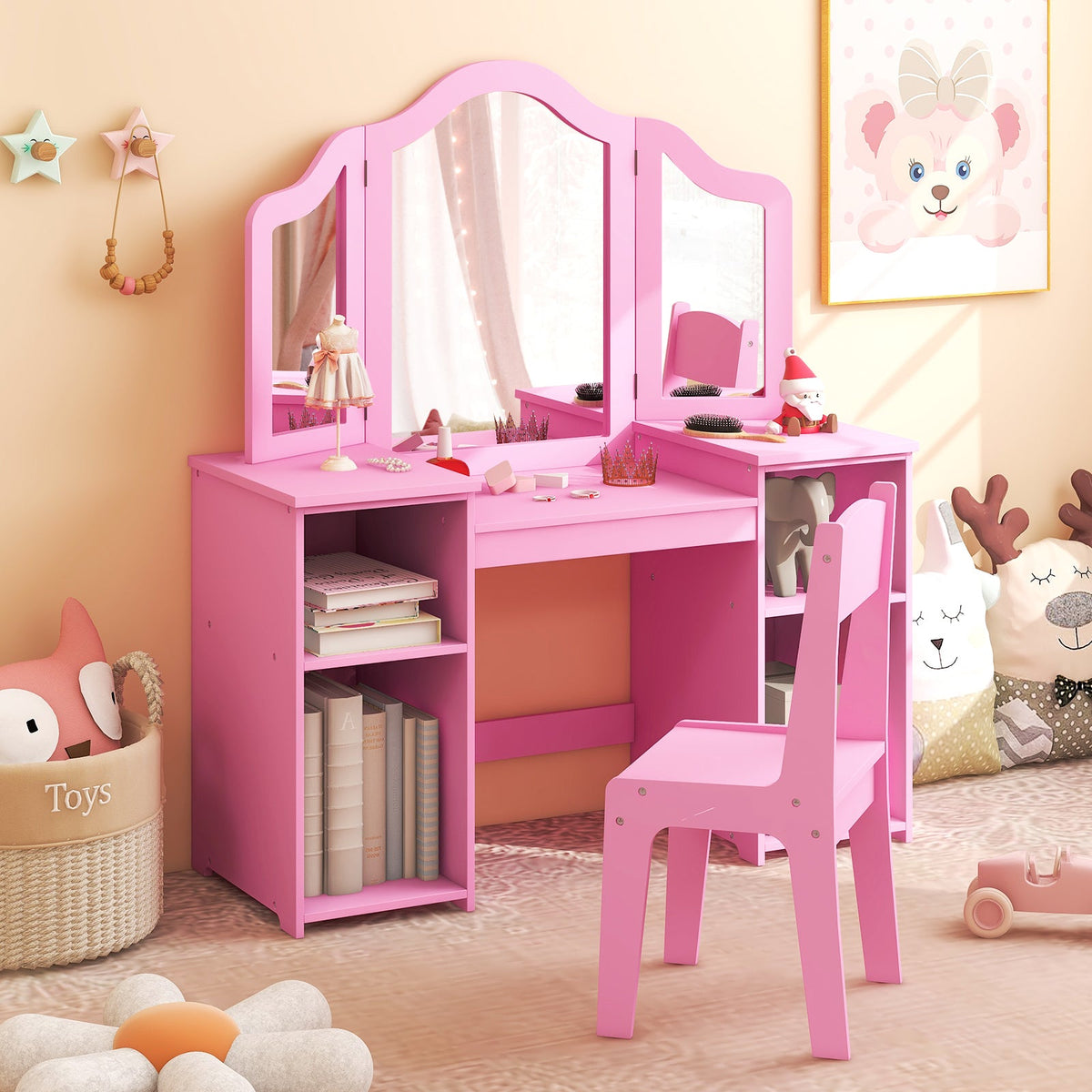 Kids Vanity Table and Chair Set with Removable Tri-Folding Mirror