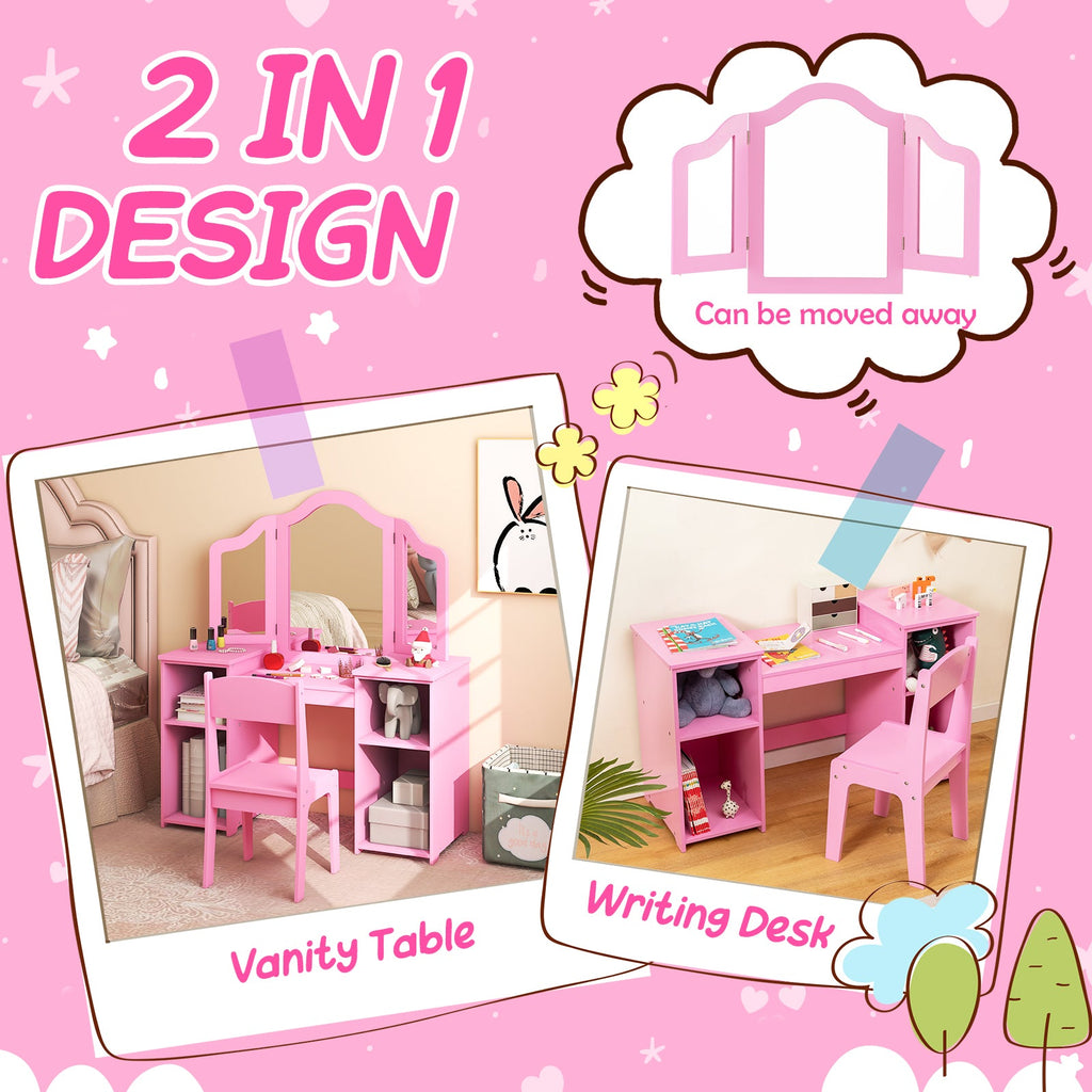 Kids Vanity Table and Chair Set with Removable Tri-Folding Mirror