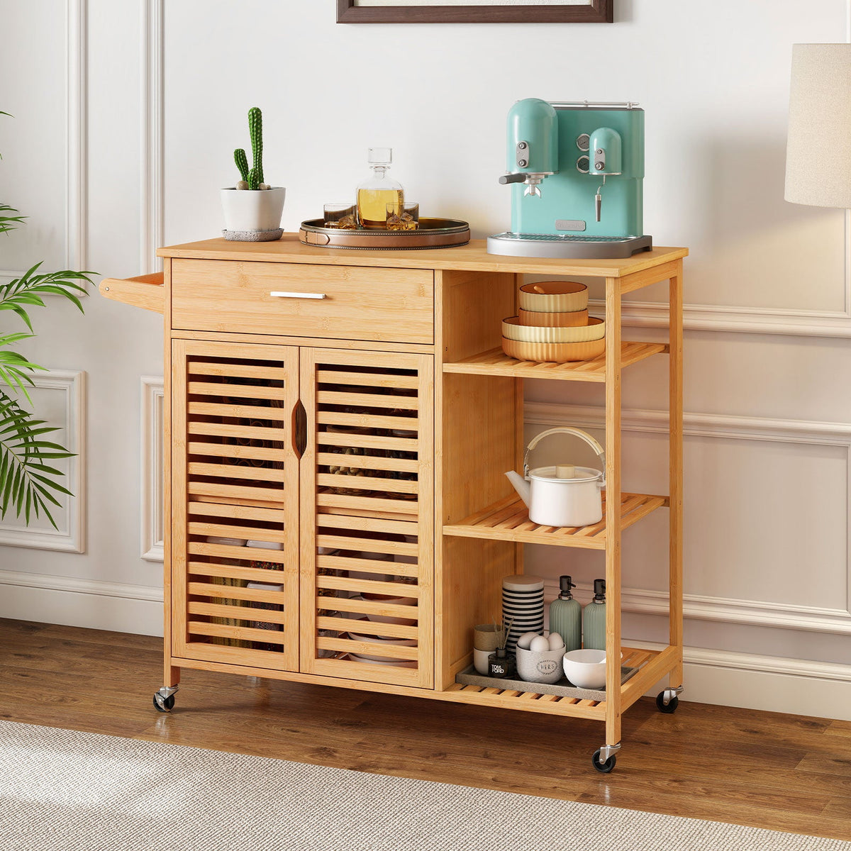 Kitchen Island Cart on Wheels with Sturdy Bamboo Frame-Natural