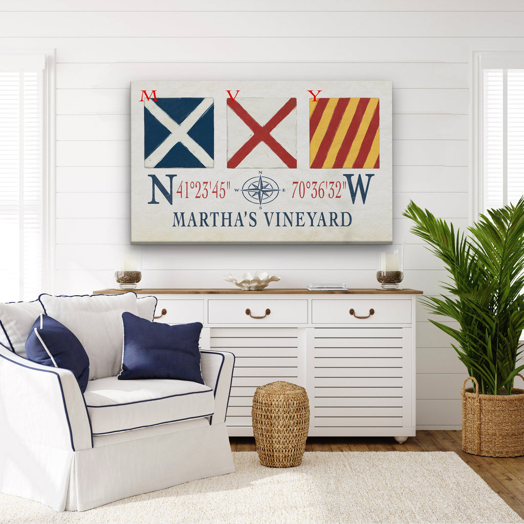 Marthas Vineyard Canvas Print - Nautical Signal Flags & Coordinates