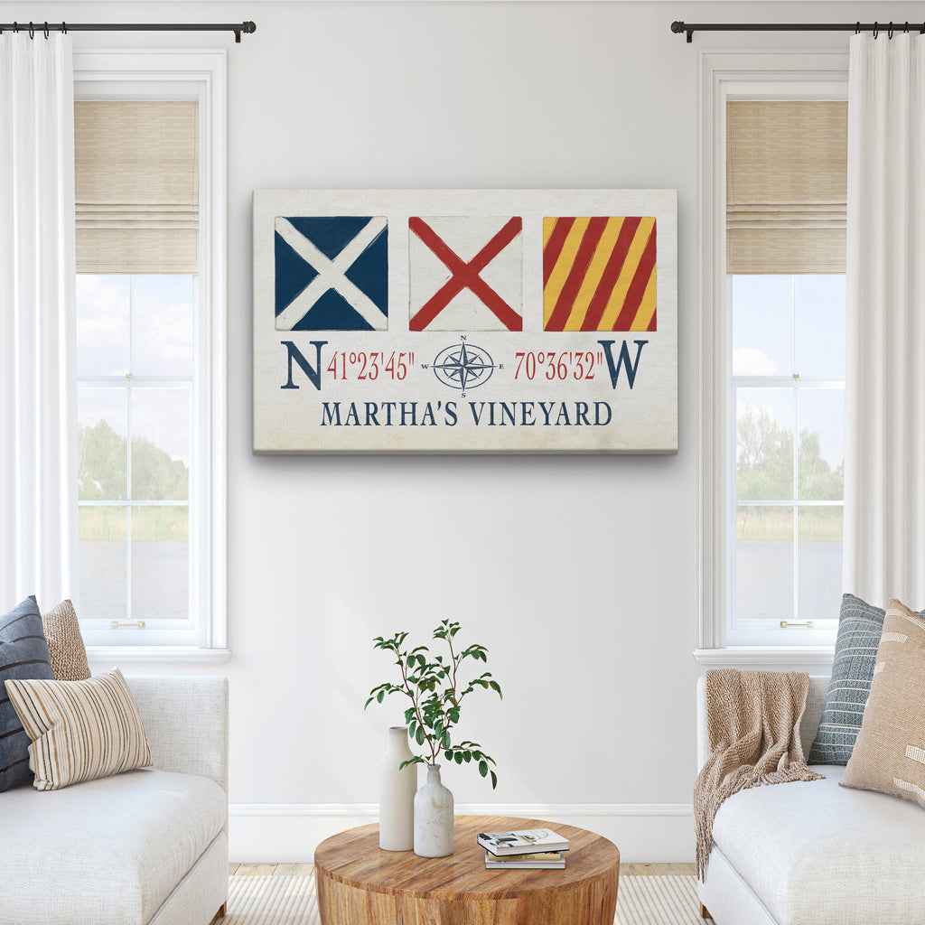 Marthas Vineyard Canvas Print - Nautical Signal Flags & Coordinates