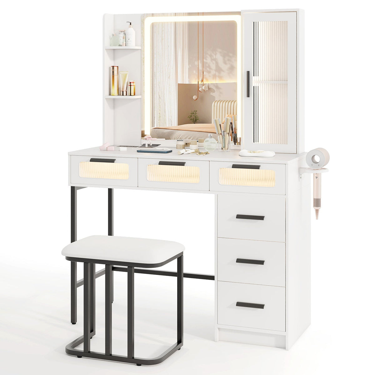 Makeup Vanity Desk with 3-Color Induction LED Lights and 6 Drawers-White