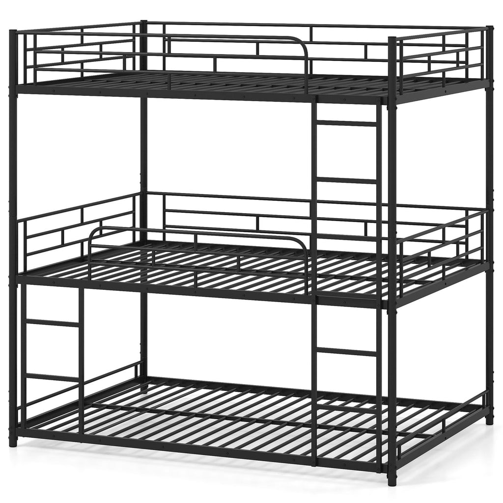 Metal Triple Bunk Bed with Safety Guardrails and 2 Ladders-Black