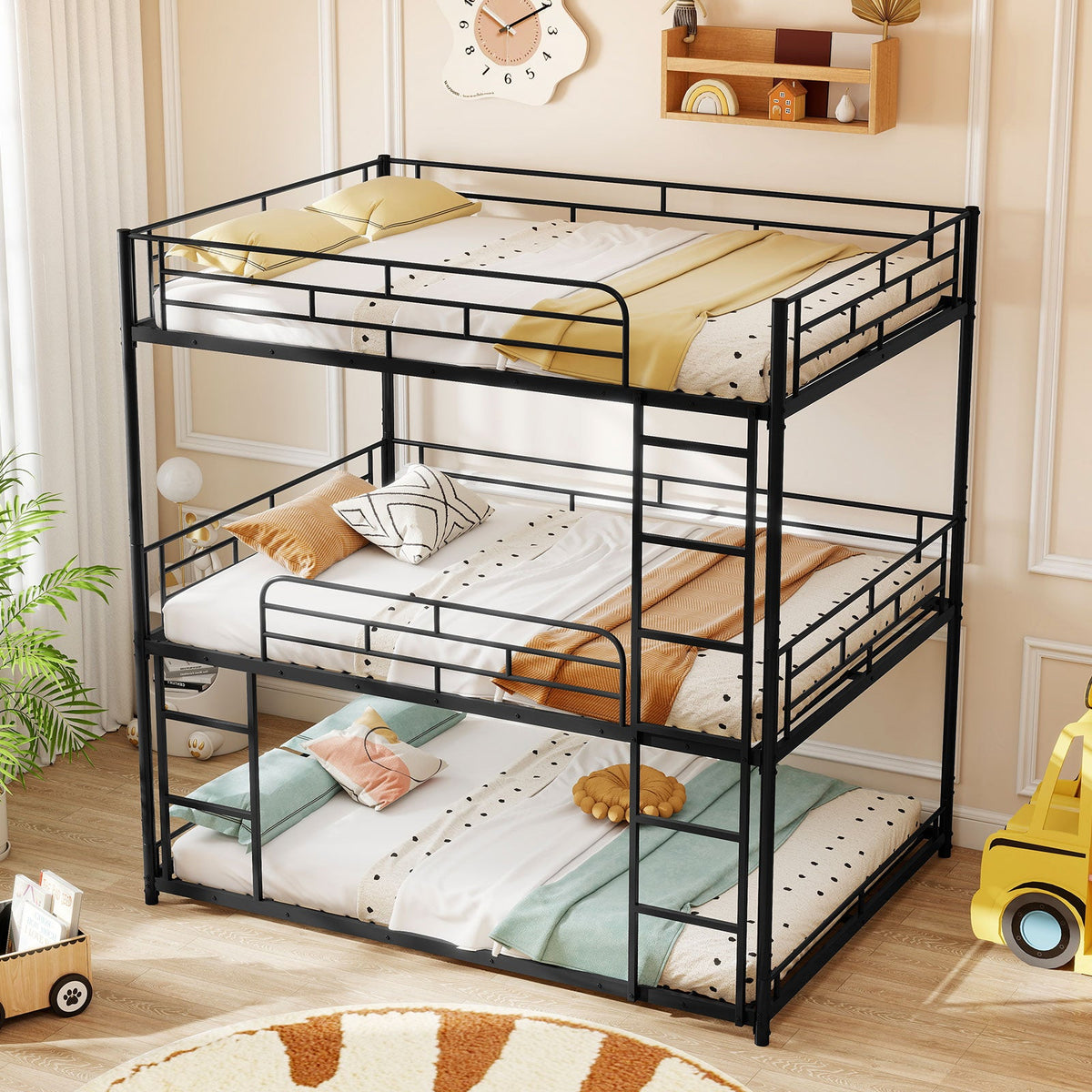 Metal Triple Bunk Bed with Safety Guardrails and 2 Ladders-Black