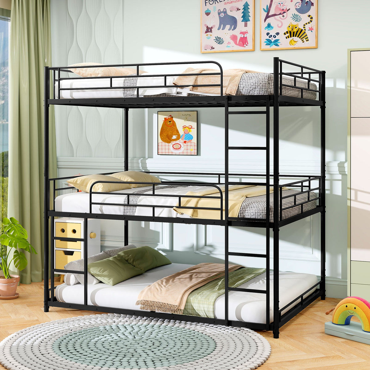 Metal Triple Bunk Bed with Safety Guardrails and 2 Ladders-Black