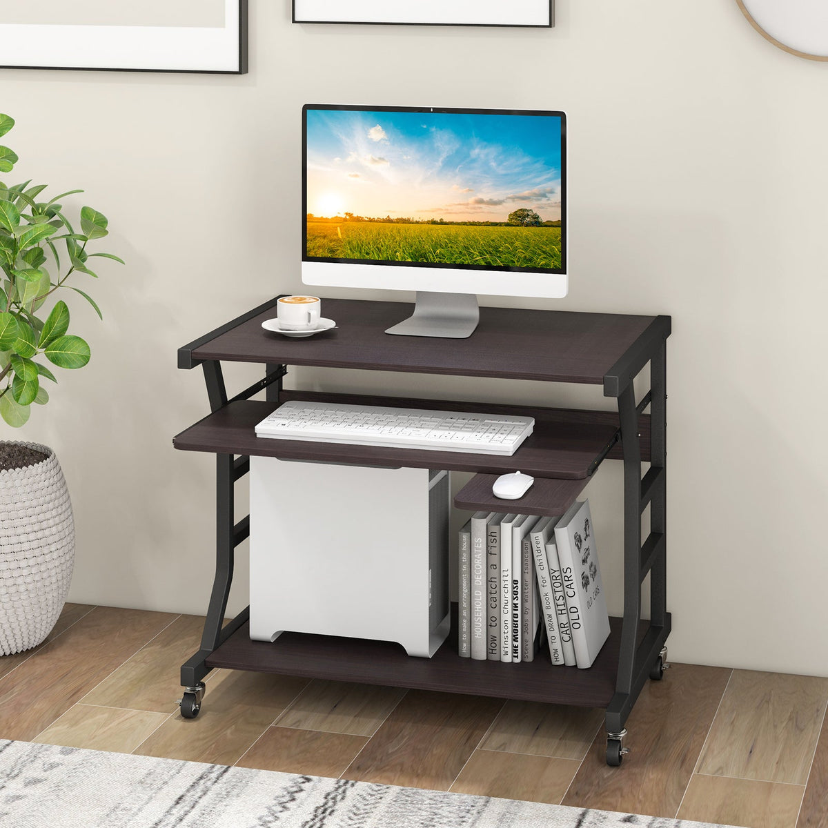 Mobile Computer Desk with Keyboard Tray Mouse Tray and Shelf-Dark Brown