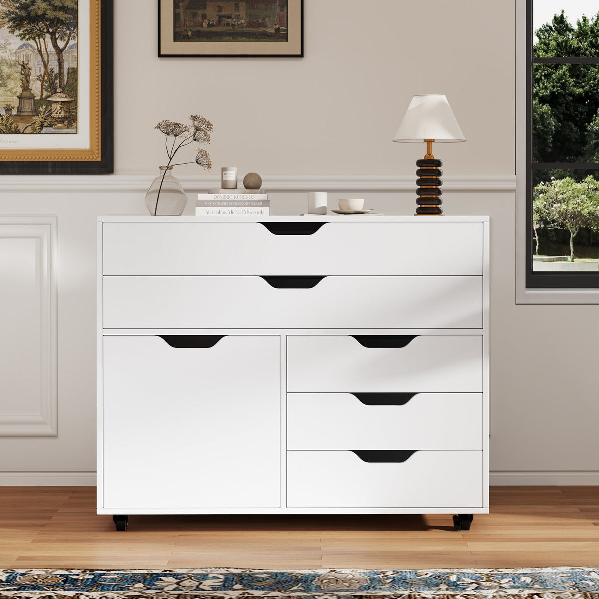Modern Vertical 5-Drawer Mobile Chest with Door 5 Casters