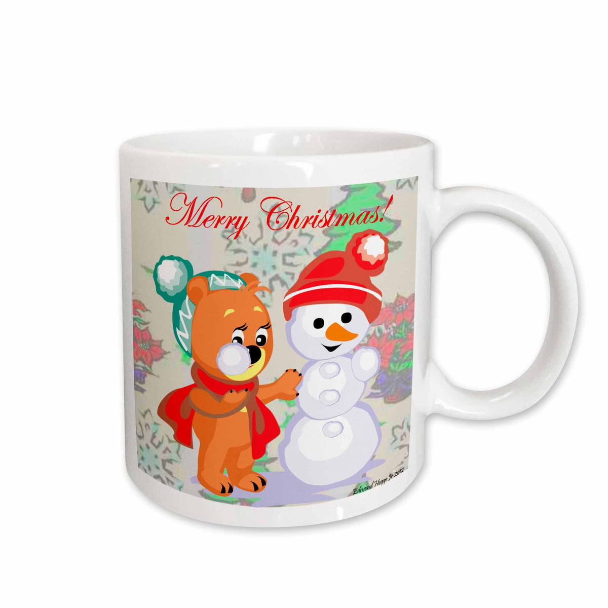 3dRose Cute Bear and Snowman With Christmas Background and Text - Mugs (mug_61177)