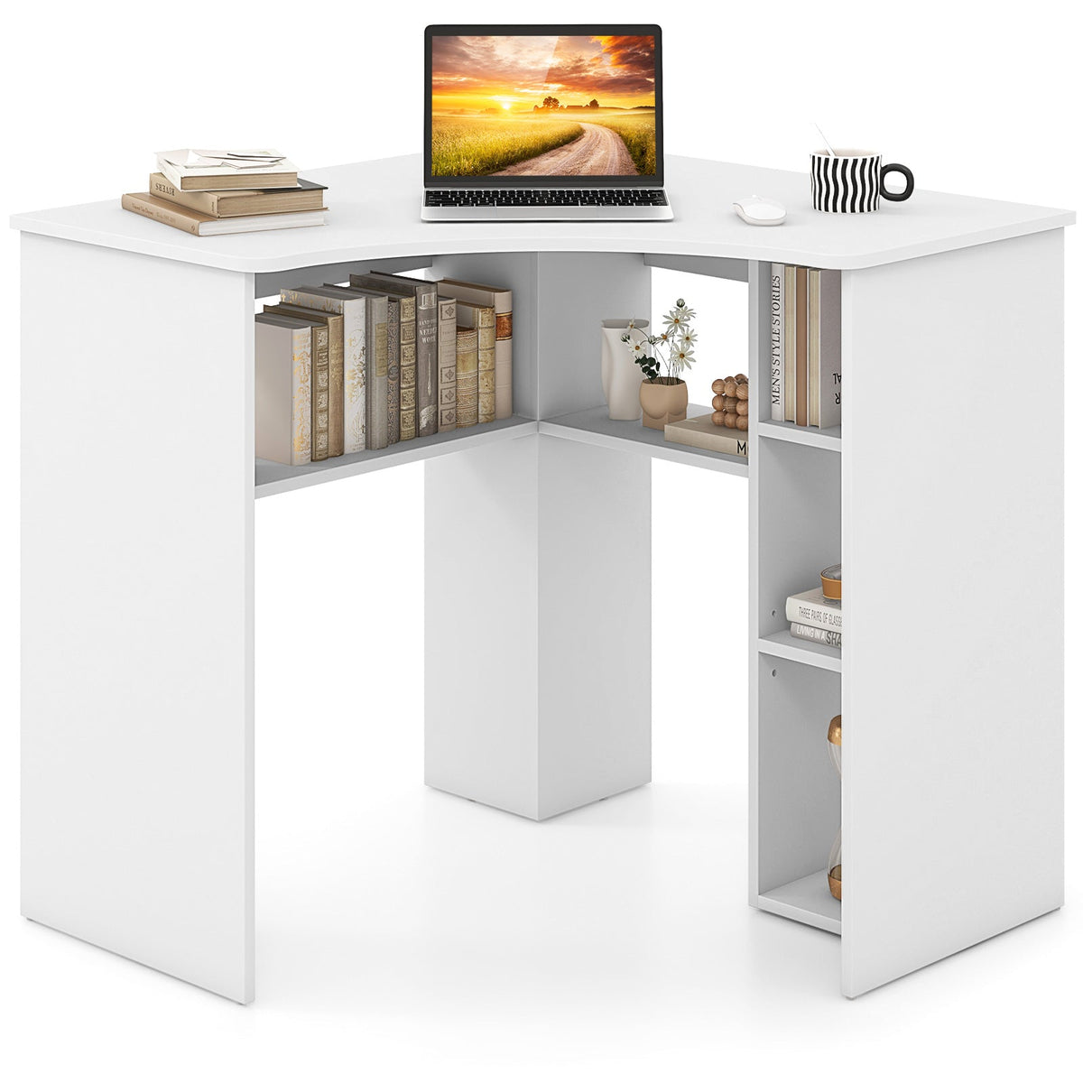 Corner Computer Desk Triangle Home Office Desk with Adjustable Shelf and Arc-Shaped Profile