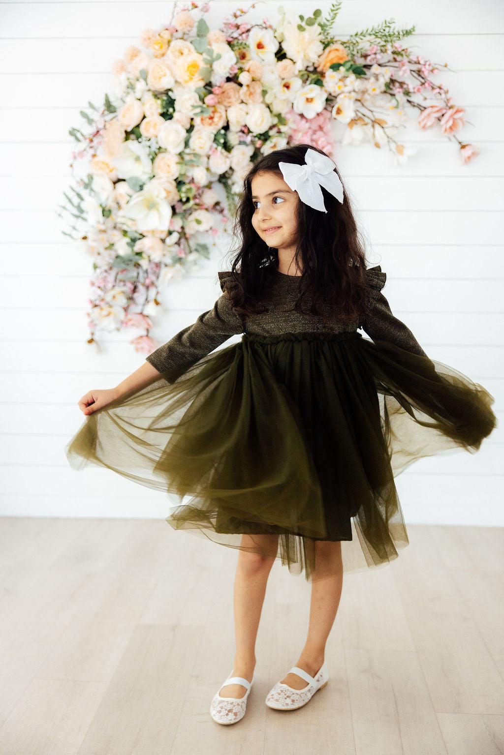 Olive Shimmer 3/4 Sleeve Tutu Dress