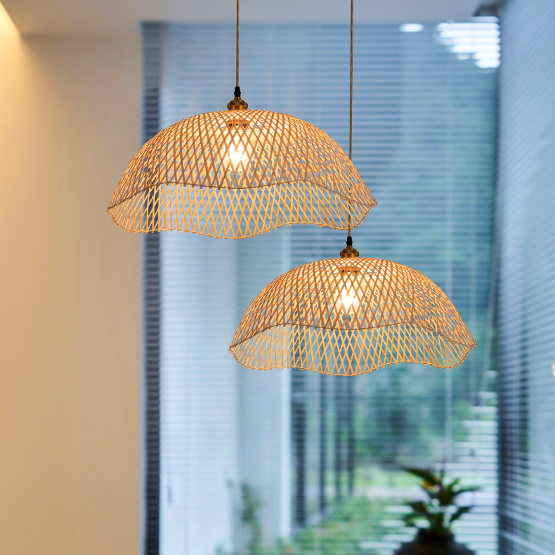 Wavy Edge Bamboo Dome Pendant Light | Handwoven Lattice Hanging Lamp