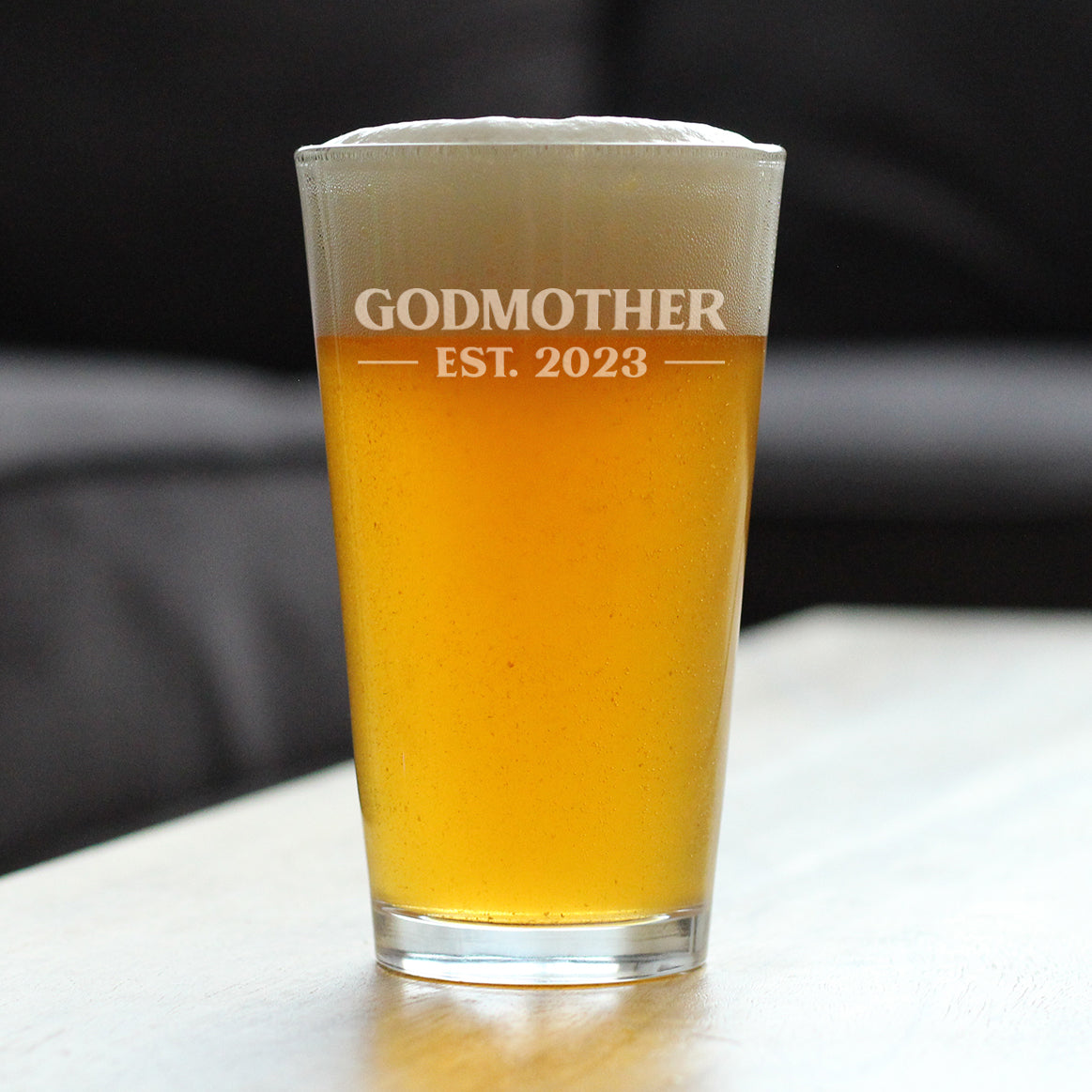 Godmother Est. 2023 - Bold - Pint Glass 16 Oz, Etched Sayings, Mother's Day Gift, Baby Reveal for Godmothers