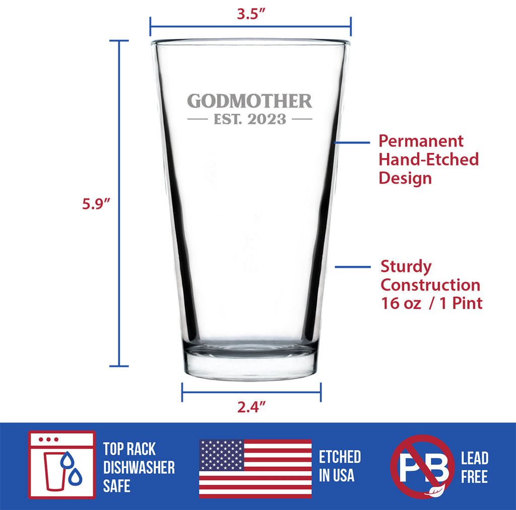 Godmother Est. 2023 - Bold - Pint Glass 16 Oz, Etched Sayings, Mother's Day Gift, Baby Reveal for Godmothers