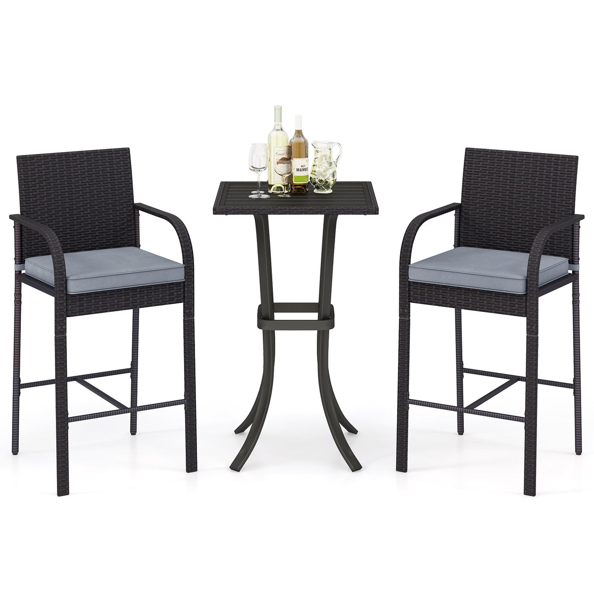 3-Piece Patio Wicker Rattan Bar Height Chairs and Square Table Set-Black