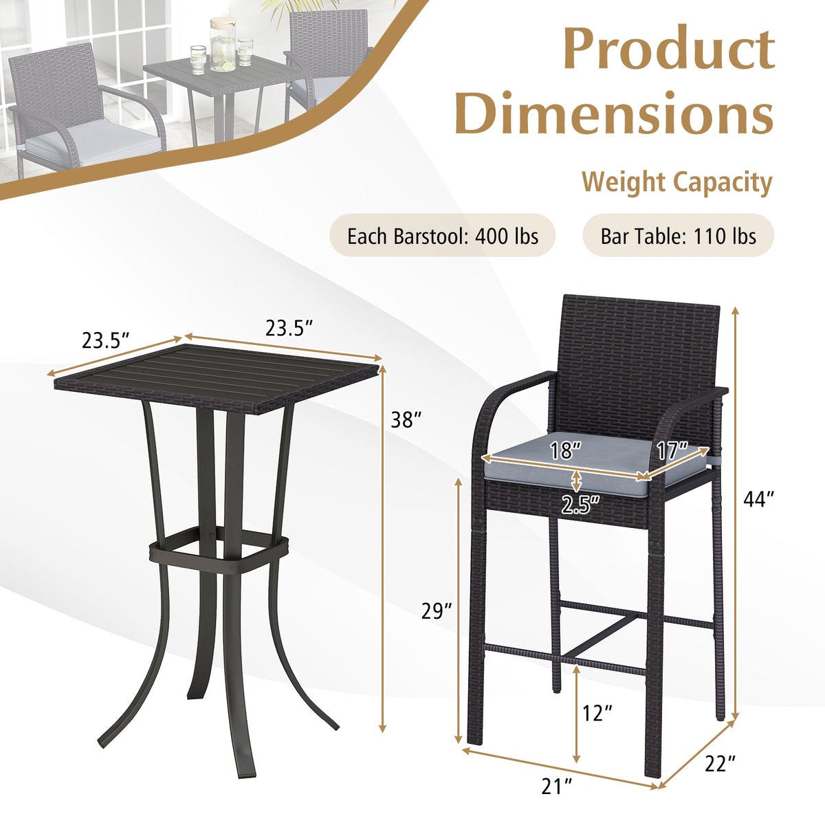 3-Piece Patio Wicker Rattan Bar Height Chairs and Square Table Set-Black
